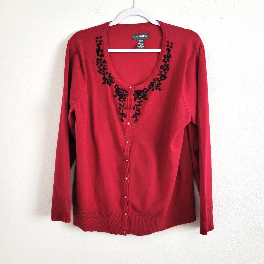 Covington Vintage Beaded Red Cardigan  Size XL EUC